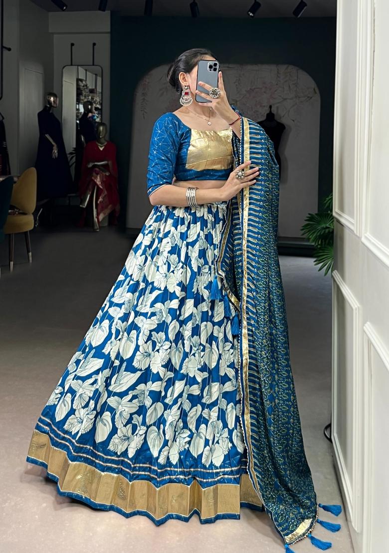 Blue Printed Silk Lehenga Set - Indya