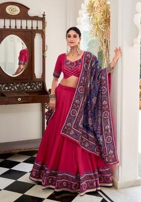 Pink Printed Silk Lehenga Set