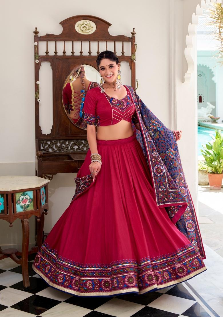 Pink Printed Silk Lehenga Set - Indya
