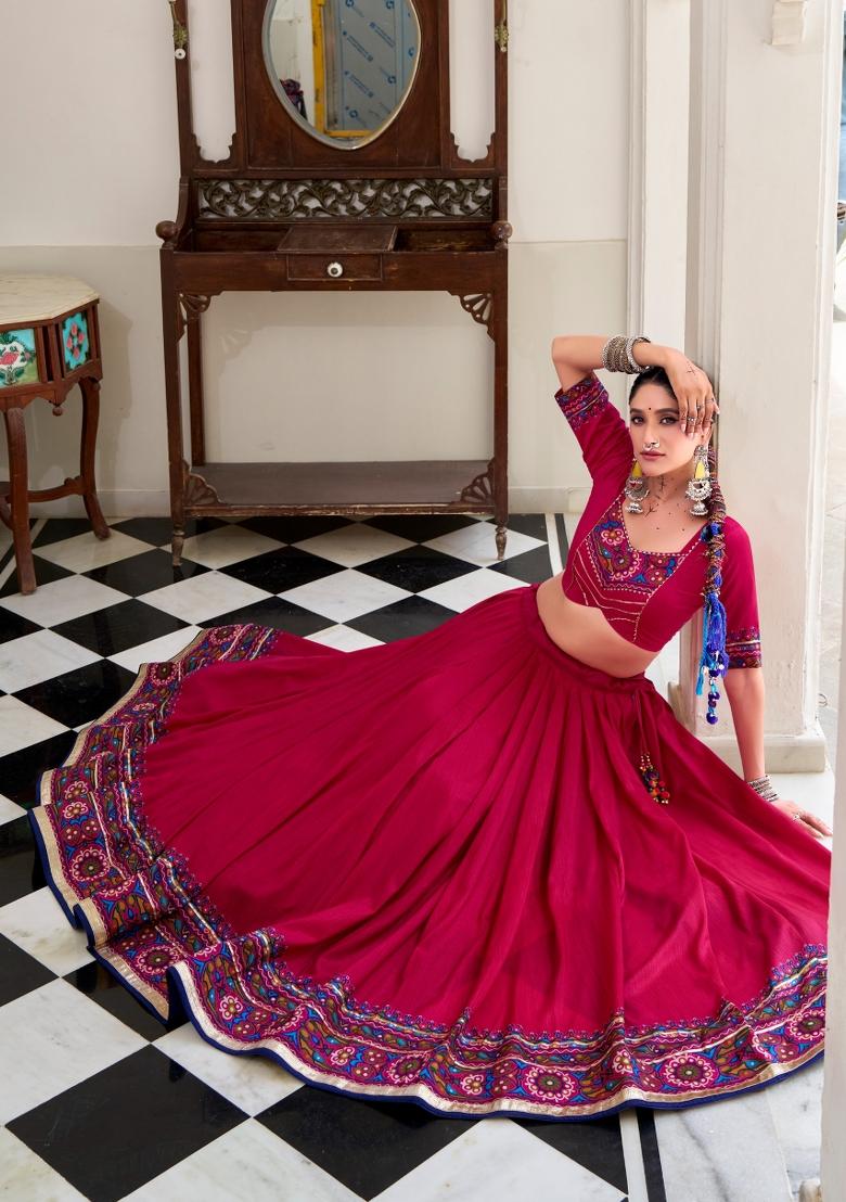 Pink Printed Silk Lehenga Set - Indya