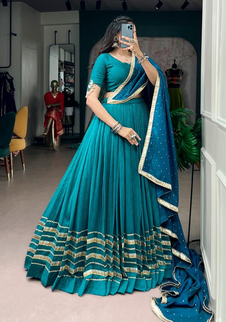 Blue Mirror Work Chanderi Lehenga Set - Indya