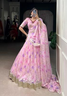 Pink Floral Print Silk Lehenga Set