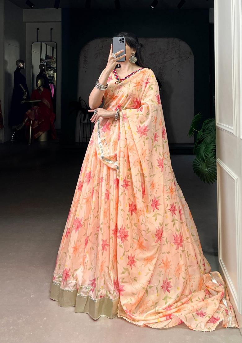 Peacock Floral Print Silk Lehenga Set - Indya