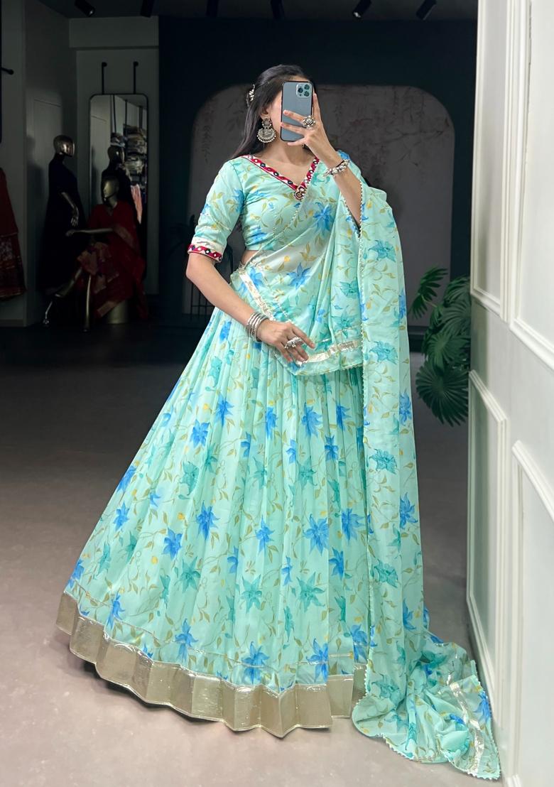 Pista Floral Print Silk Lehenga Set - Indya