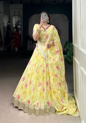 Yellow Floral Print Silk Lehenga Set