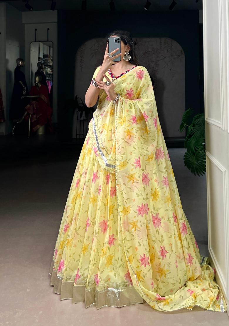 Yellow Floral Print Silk Lehenga Set - Indya