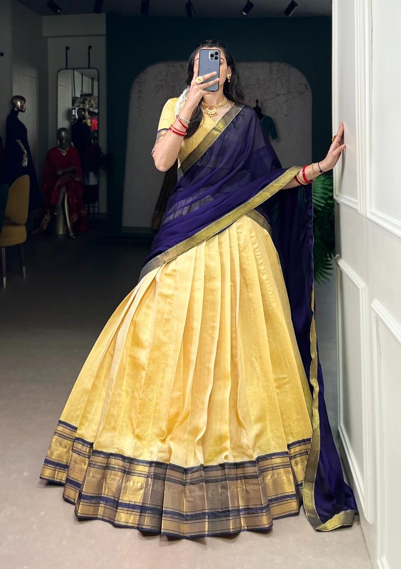 Yellow Zari Work Kanchipuram Lehenga Set - Indya