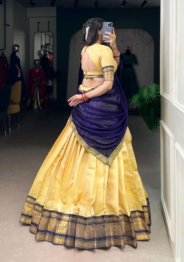 Yellow Kanchipuram Lehenga Set with Zari Work for Diwali | Wedding & Festive Wear - Indya