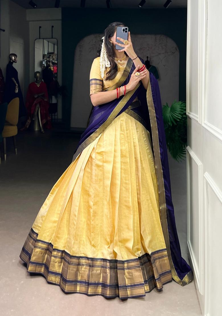 Yellow Zari Work Kanchipuram Lehenga Set - Indya