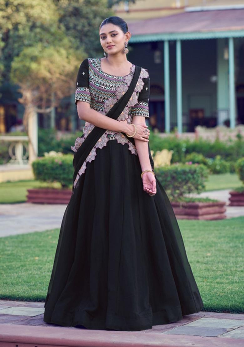 Black Embroidery Georgette Lehenga Set - Indya