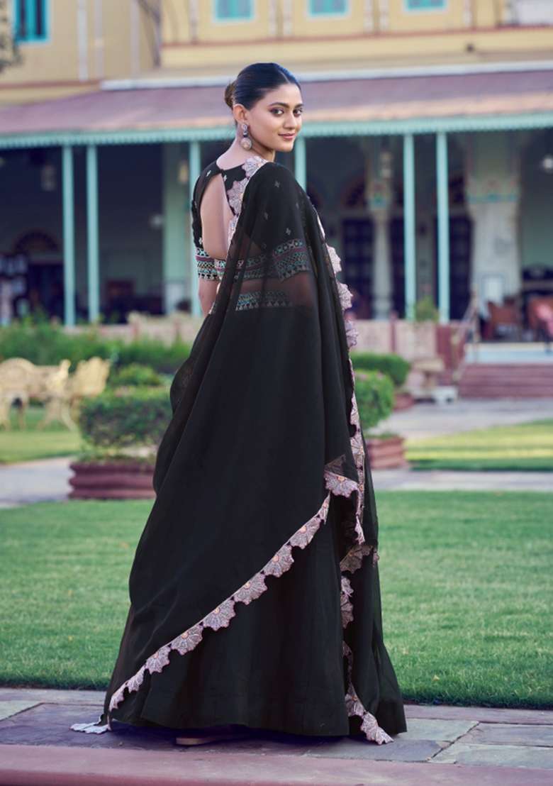 Black Georgette Lehenga Set with Embroidery for Diwali | Wedding & Festive Wear - Indya