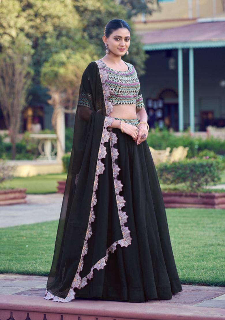 Black Embroidery Georgette Lehenga Set - Indya