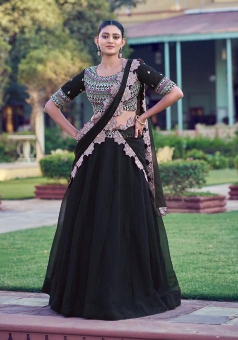 Black Embroidery Georgette Lehenga Set