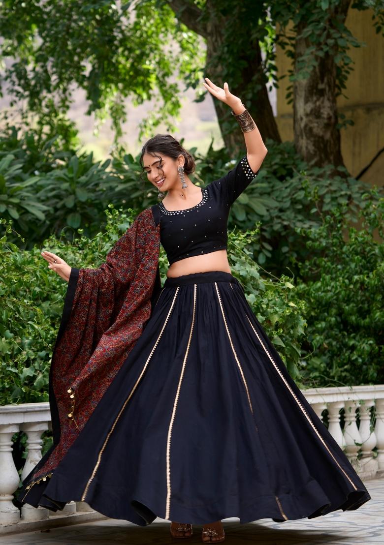 Black Gota Patti Cotton Lehenga Set - Indya