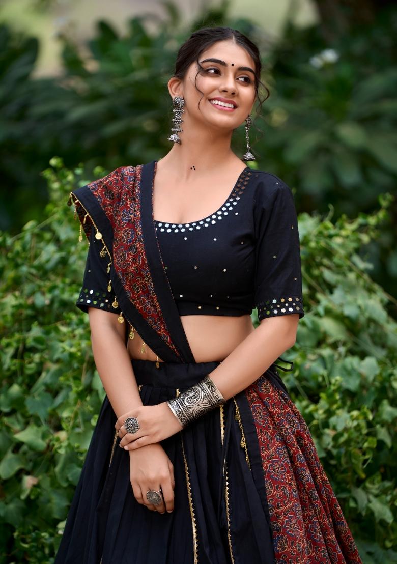 Black Gota Patti Cotton Lehenga Set - Indya