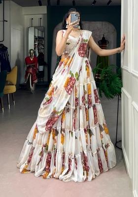 White Floral Print Chiffon Lehenga Set