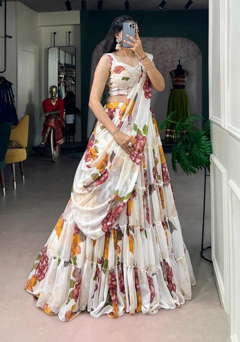 White Floral Print Chiffon Lehenga Set - Indya