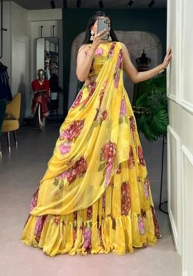 Yellow Floral Print Chiffon Lehenga Set