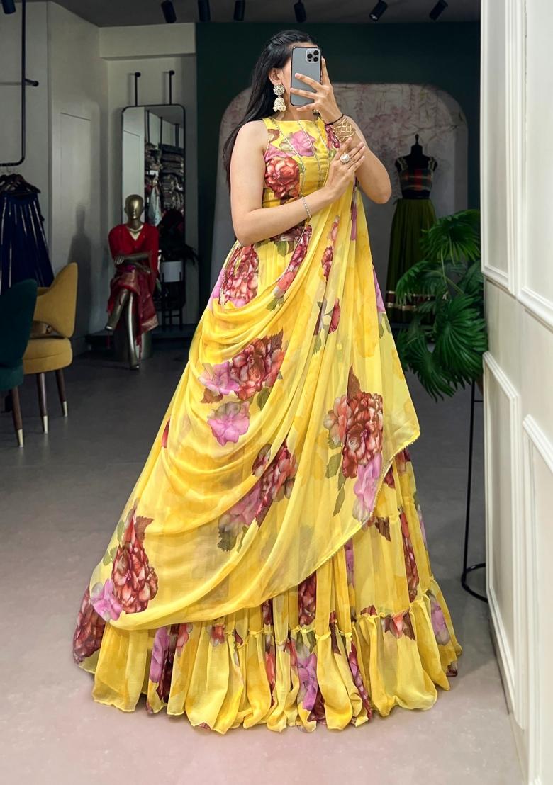 Yellow Floral Print Chiffon Lehenga Set - Indya