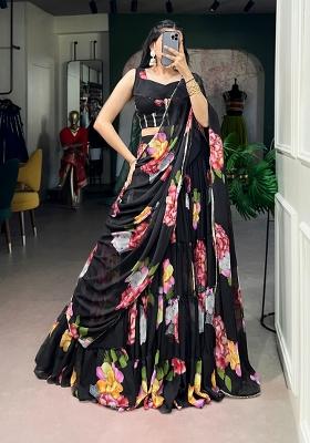 Black Floral Print Chiffon Lehenga Set