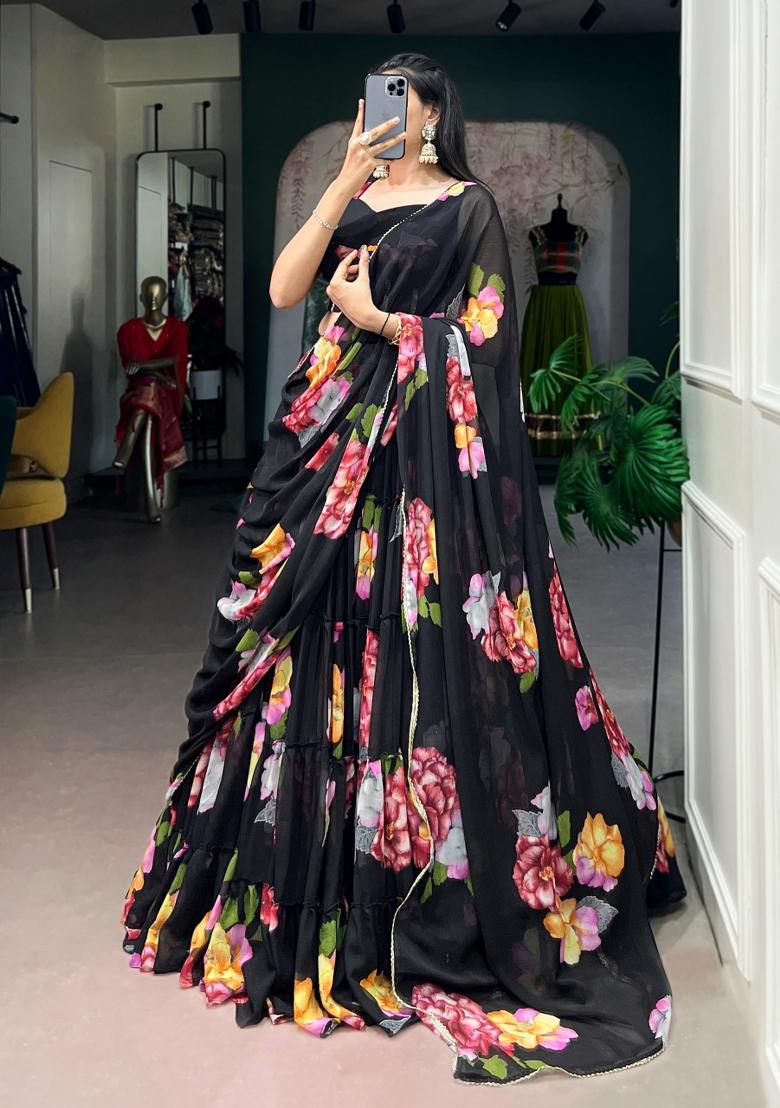 Black Floral Print Chiffon Lehenga Set - Indya