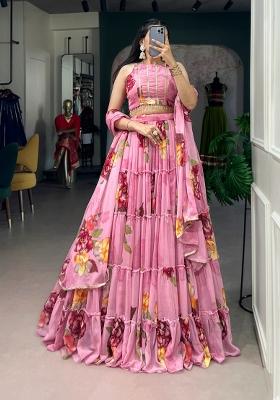 Pink Floral Print Chiffon Lehenga Set