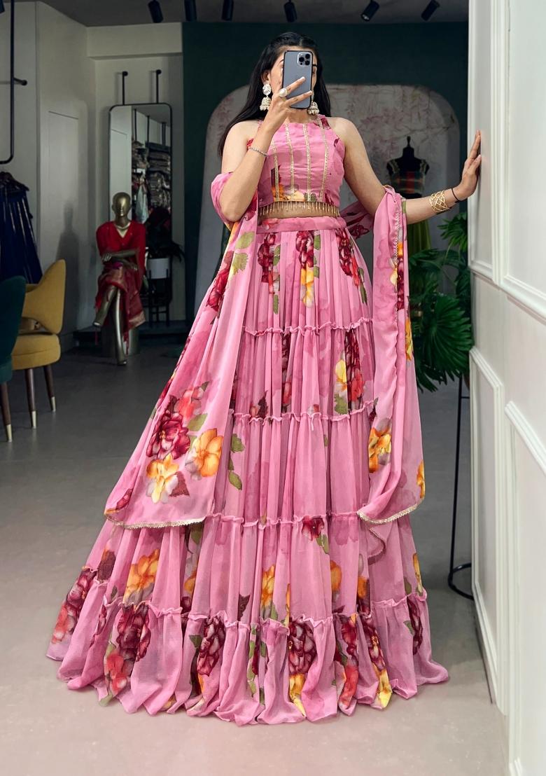 Pink Floral Print Chiffon Lehenga Set - Indya