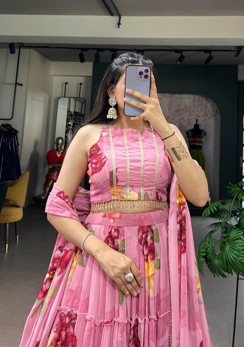 Pink Floral Print Chiffon Lehenga Set - Indya