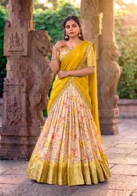 Yellow Zari Work Dola Chex Lehenga Set