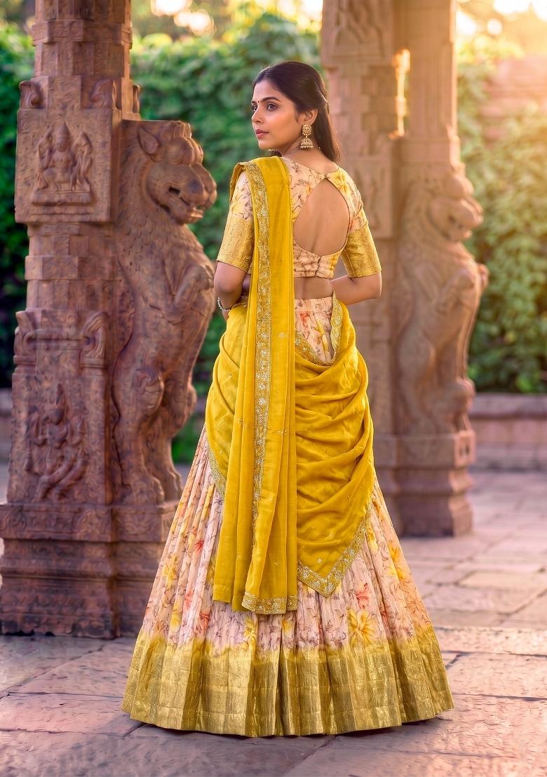 Yellow Zari Work Dola Chex Lehenga Set - Indya