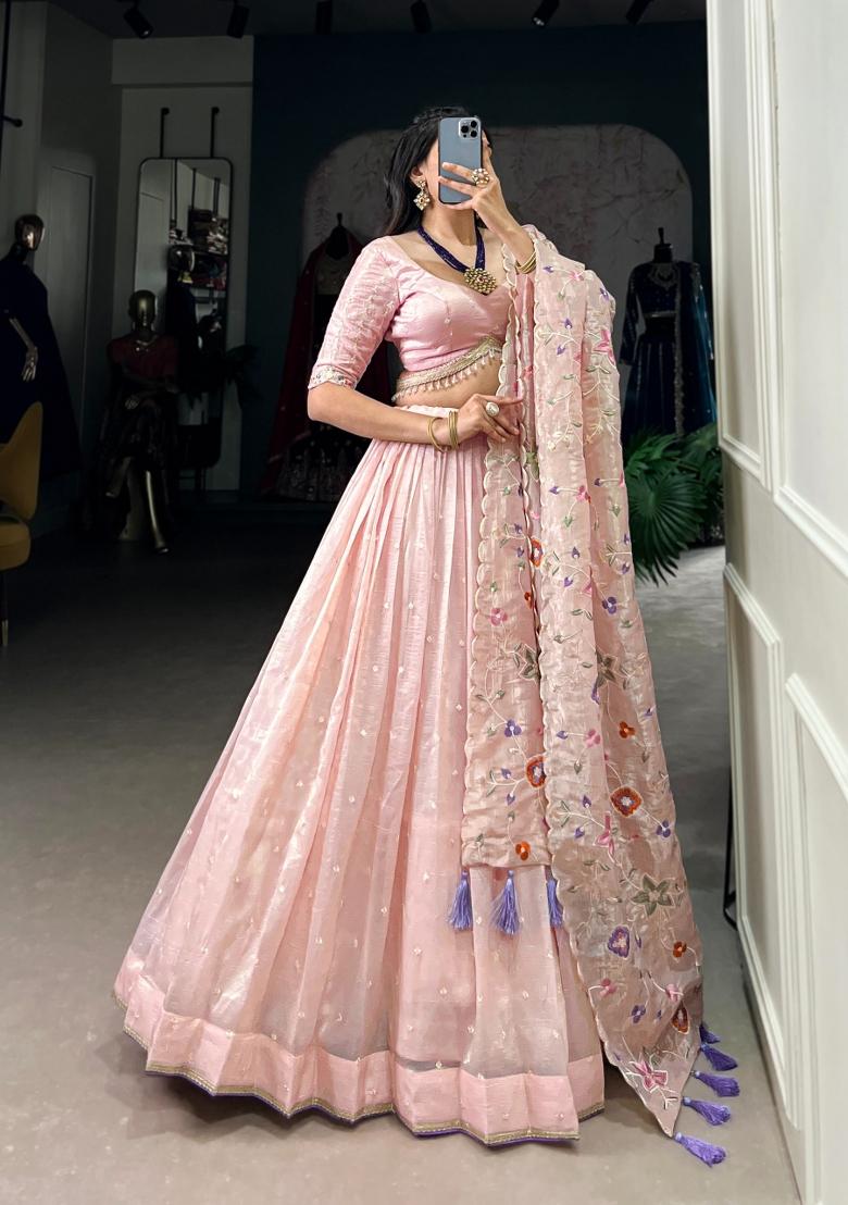 Pink Embroidery Gold Crush Lehenga Set - Indya
