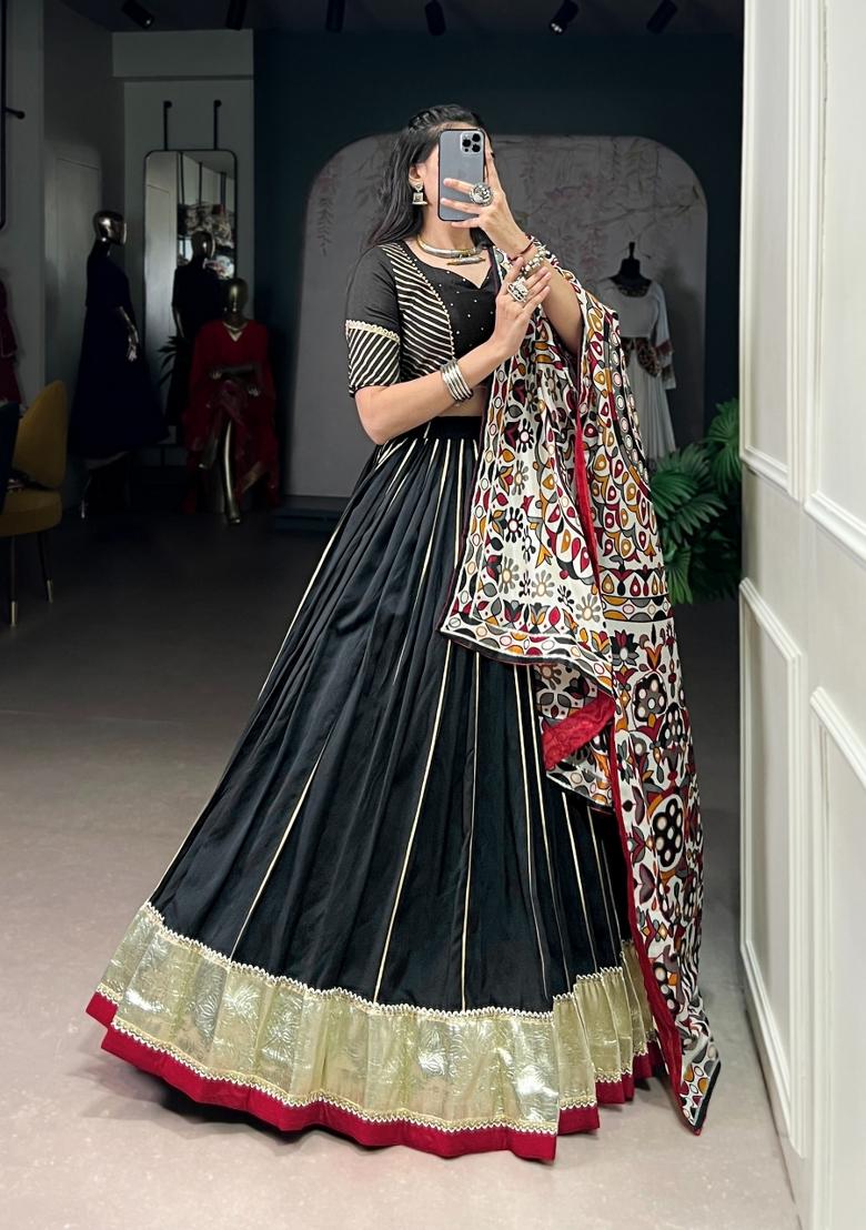 Black Zari Work Chanderi Lehenga Set - Indya