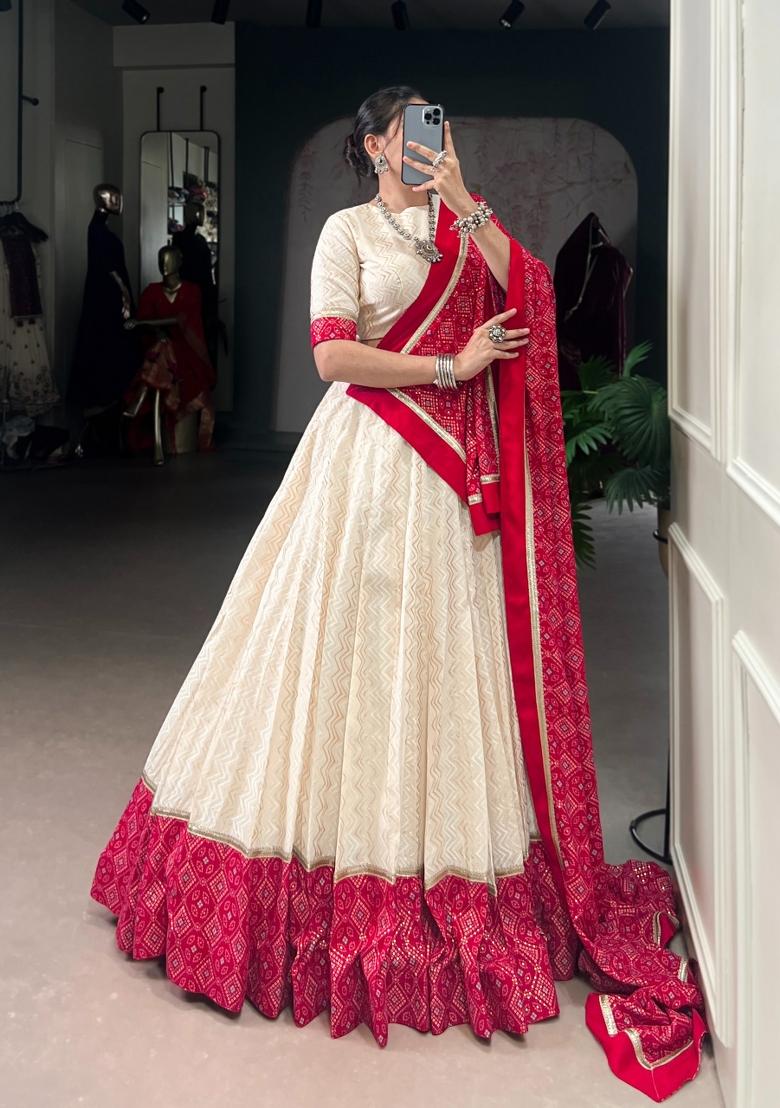 White Bandhej Cotton Lehenga Set - Indya