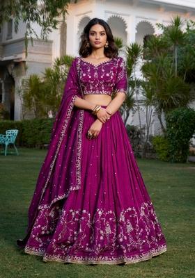 Wine Embroidery Silk Lehenga Set