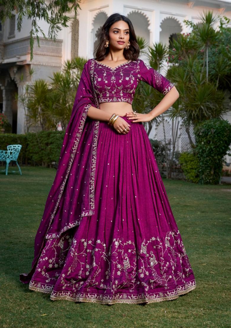 Wine Embroidery Silk Lehenga Set - Indya