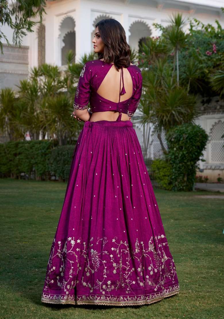 Wine Silk Lehenga Set with Embroidery for Diwali | Wedding & Festive Wear - Indya