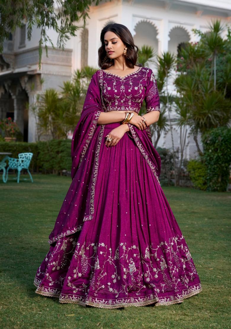 Wine Embroidery Silk Lehenga Set - Indya