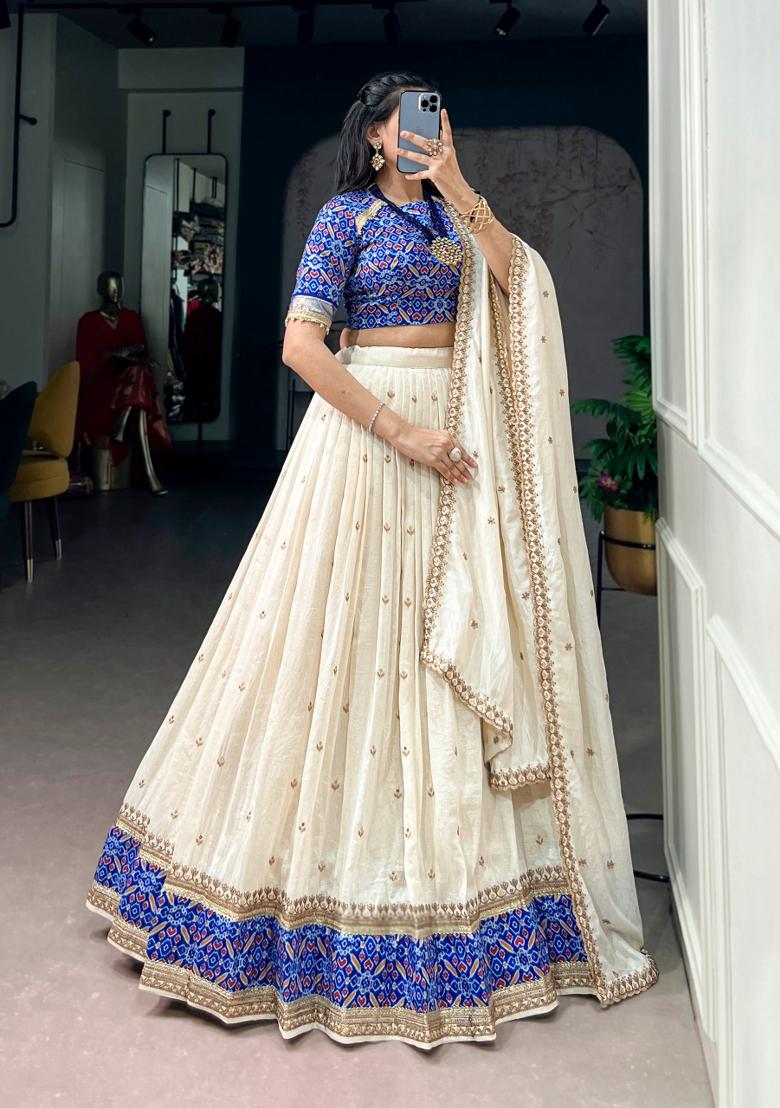 White Embroidery Silk Lehenga Set - Indya