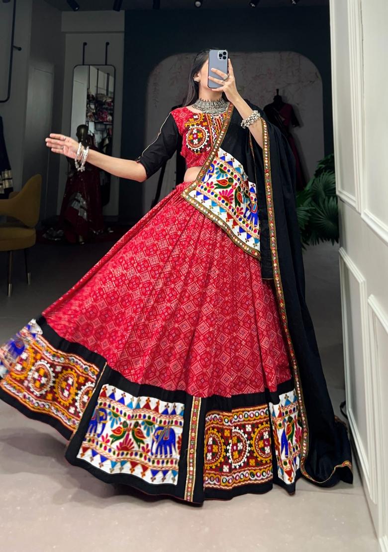 Red Mirror Work Cotton Lehenga Set - Indya