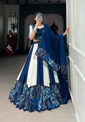 Blue Mirror Work Rayon Lehenga Set