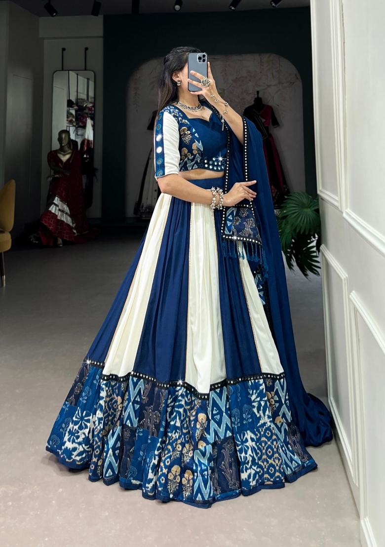 Blue Mirror Work Rayon Lehenga Set - Indya