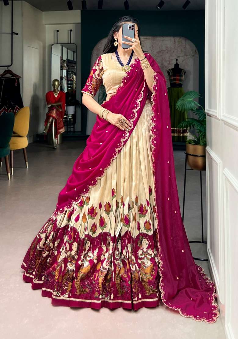 White Zari Work Silk Lehenga Set for Diwali and Festive Wear - Indya
