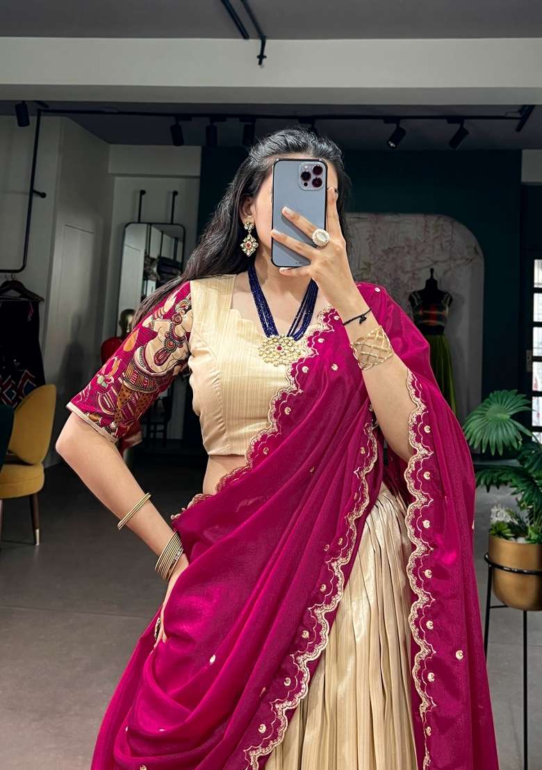 White Zari Work Silk Lehenga Set for Diwali and Festive Wear - Indya