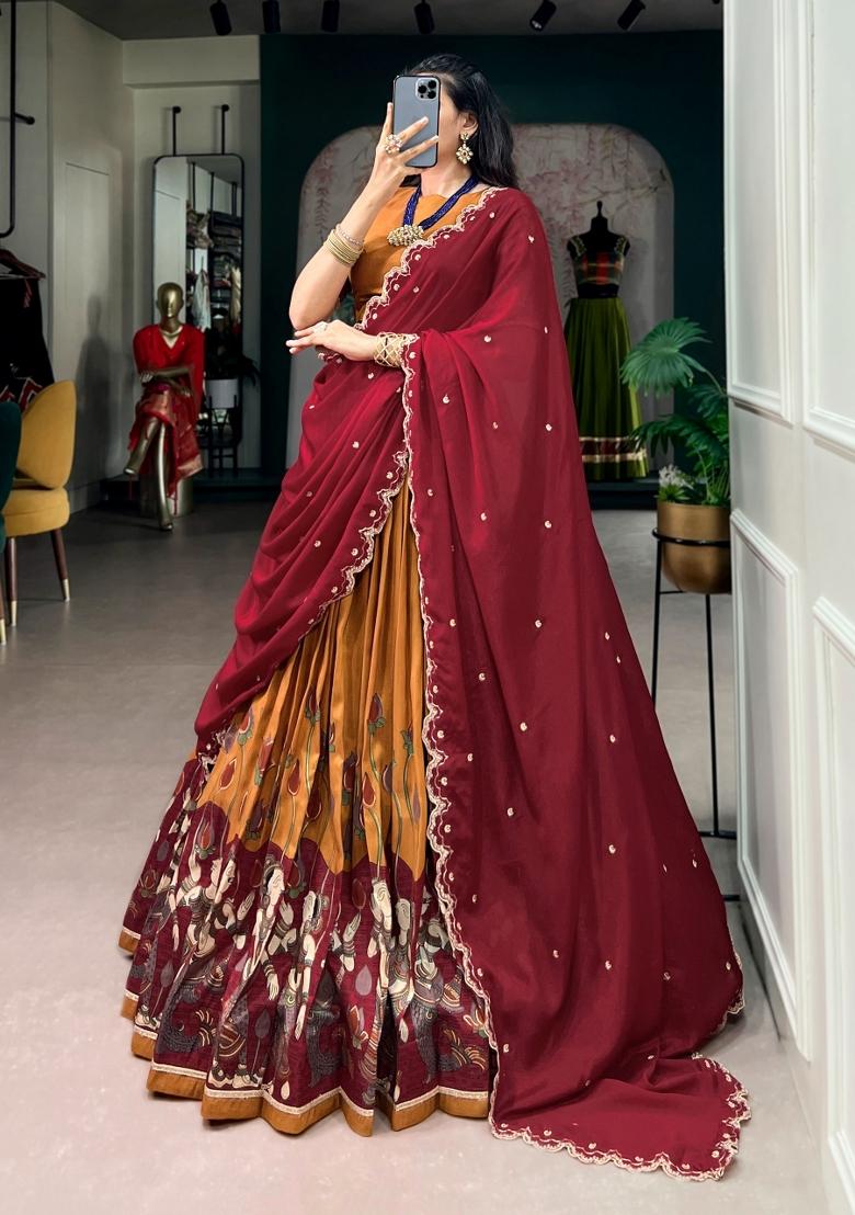 Mustard Zari Work Silk Lehenga Set - Indya