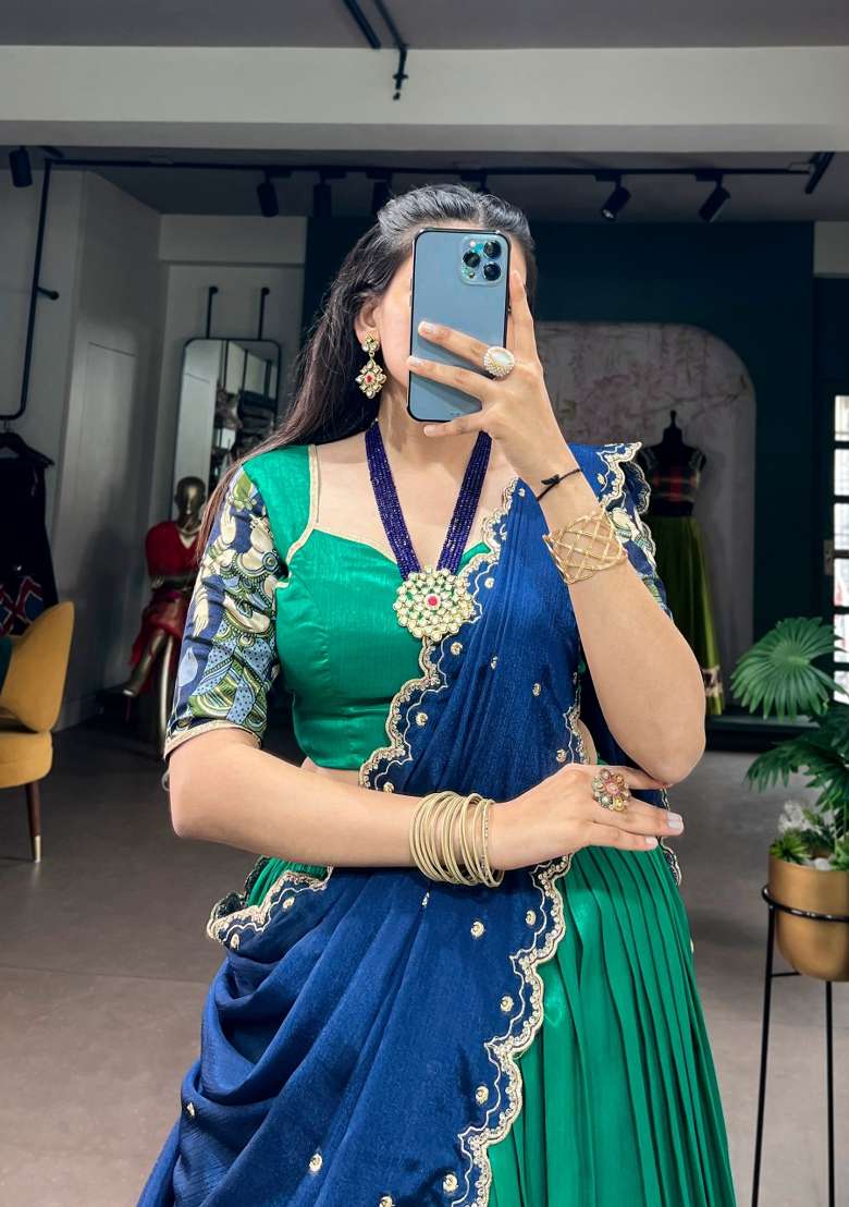 Peacock Silk Lehenga Set with Zari Work for Diwali | Wedding & Festive Wear - Indya