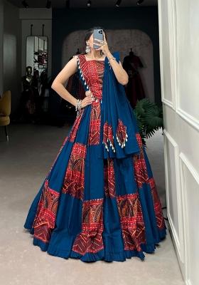 Blue Printed Rayon Lehenga Set