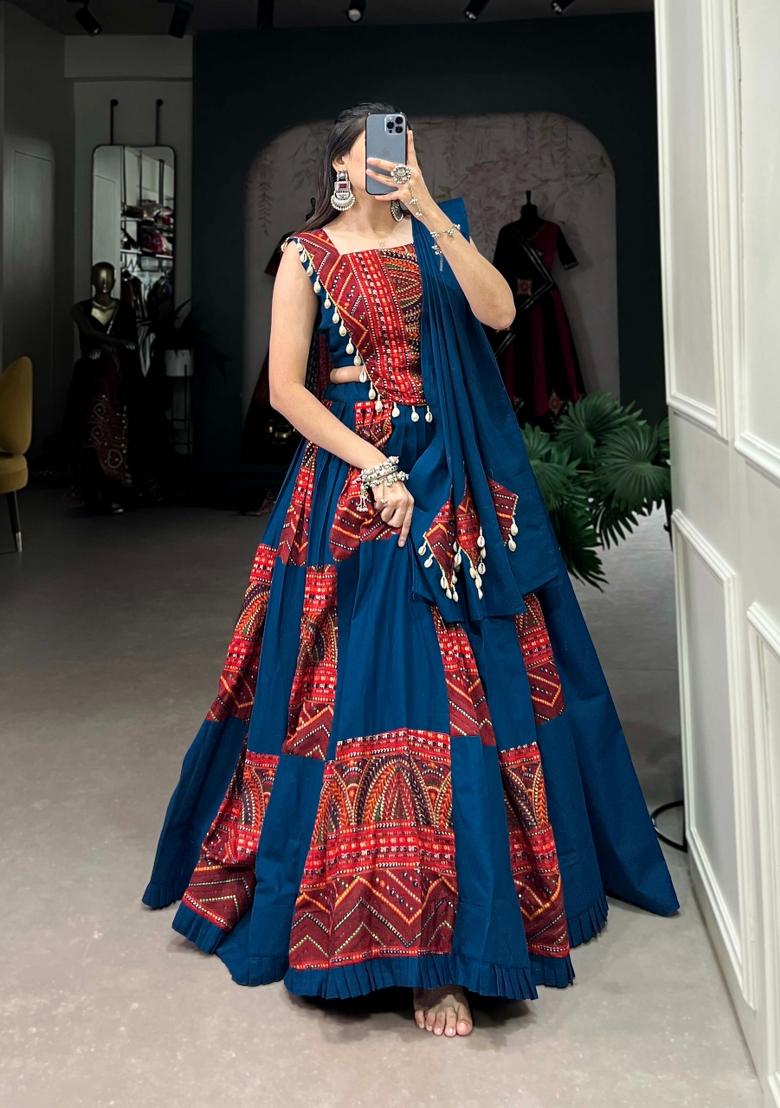 Blue Printed Rayon Lehenga Set - Indya