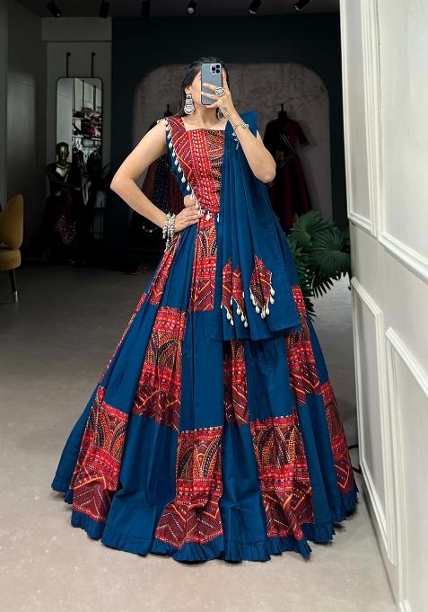 Blue Printed Rayon Lehenga Set