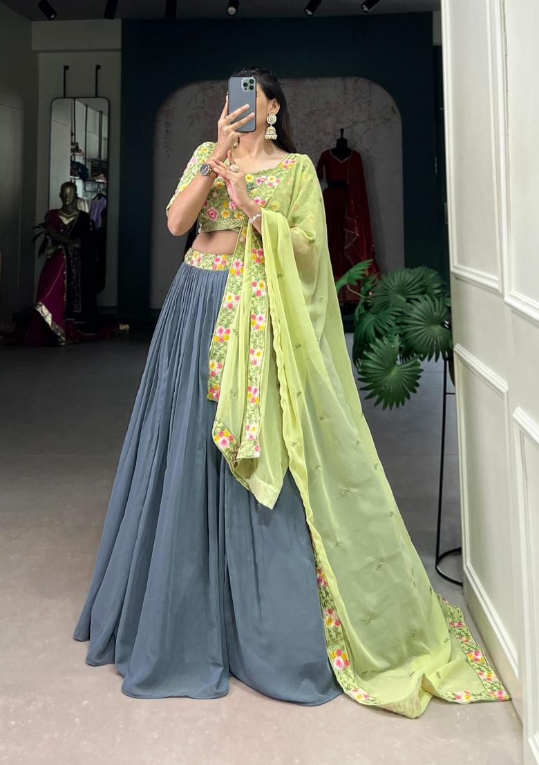 Grey Embroidery Georgette Lehenga Set - Indya
