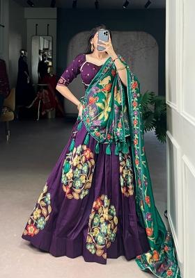Purple Printed Silk Lehenga Set